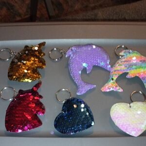 Sequin Keychain Set with Unicorn, Dolphin, and Heart